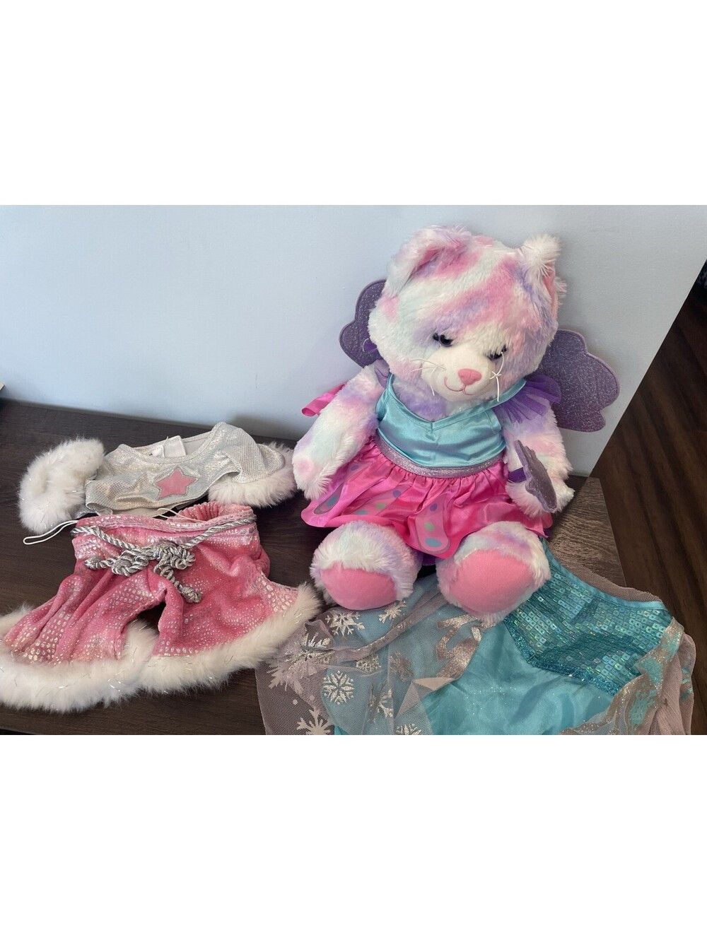 Build A Bear Plush Cat Pastel Swirl Fairy with Wand & Wings + 2 Extra Outfits
